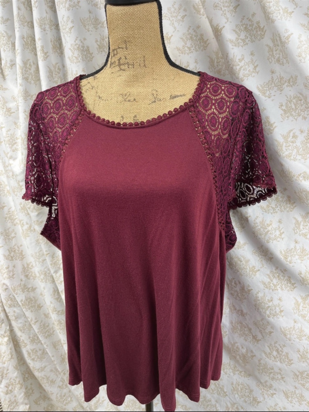 Lace-Shoulder Womens Blouse in Burgundy